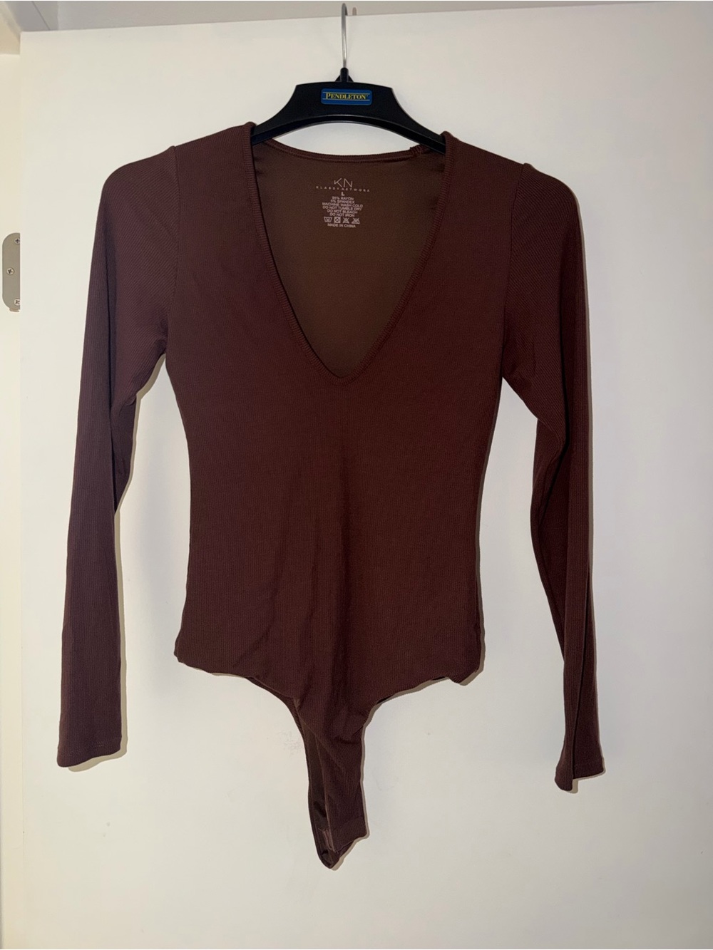 Klassy Network Deep V Long Sleeve Brown Bodysuit